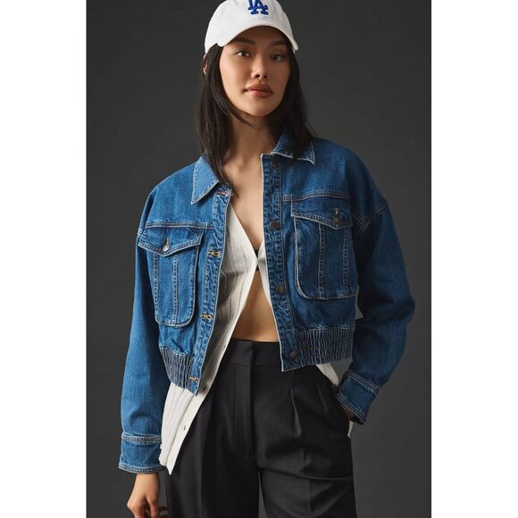 Pilcro Anthropologie Cropped Denim Bomber Jacket Bohemian Preppy Size L - Picture 1 of 9